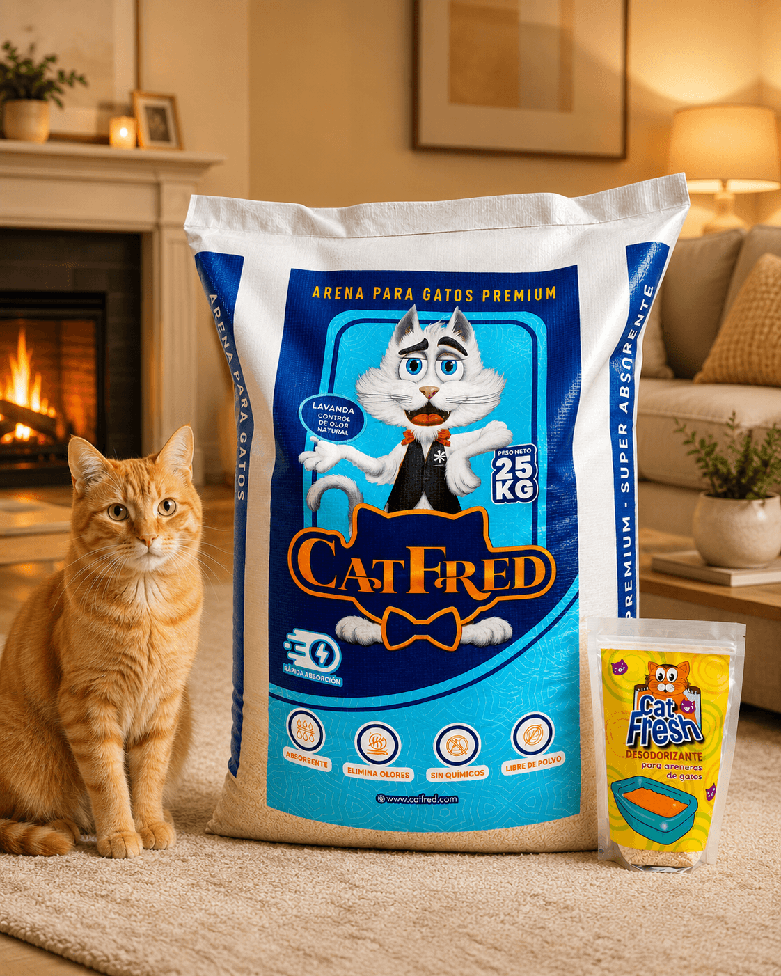 COMBO ARENA PREMIUM PARA GATOS CATFRED x 25 KG + DESODORIZANTE
