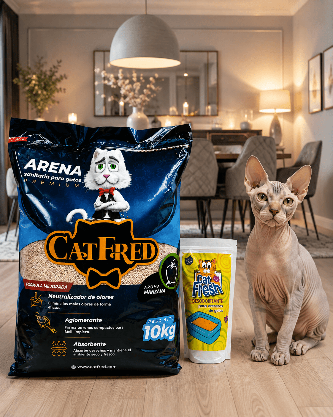 COMBO ARENA PREMIUM PARA GATOS CATFRED x 10 KG + DESODORIZANTE ARENEROS