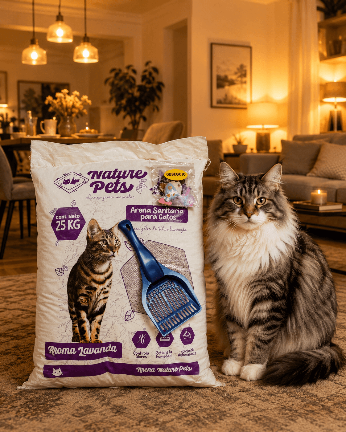 COMBO ARENA PARA GATO PREMIUM NATURE PETS x 25 KG + PALA