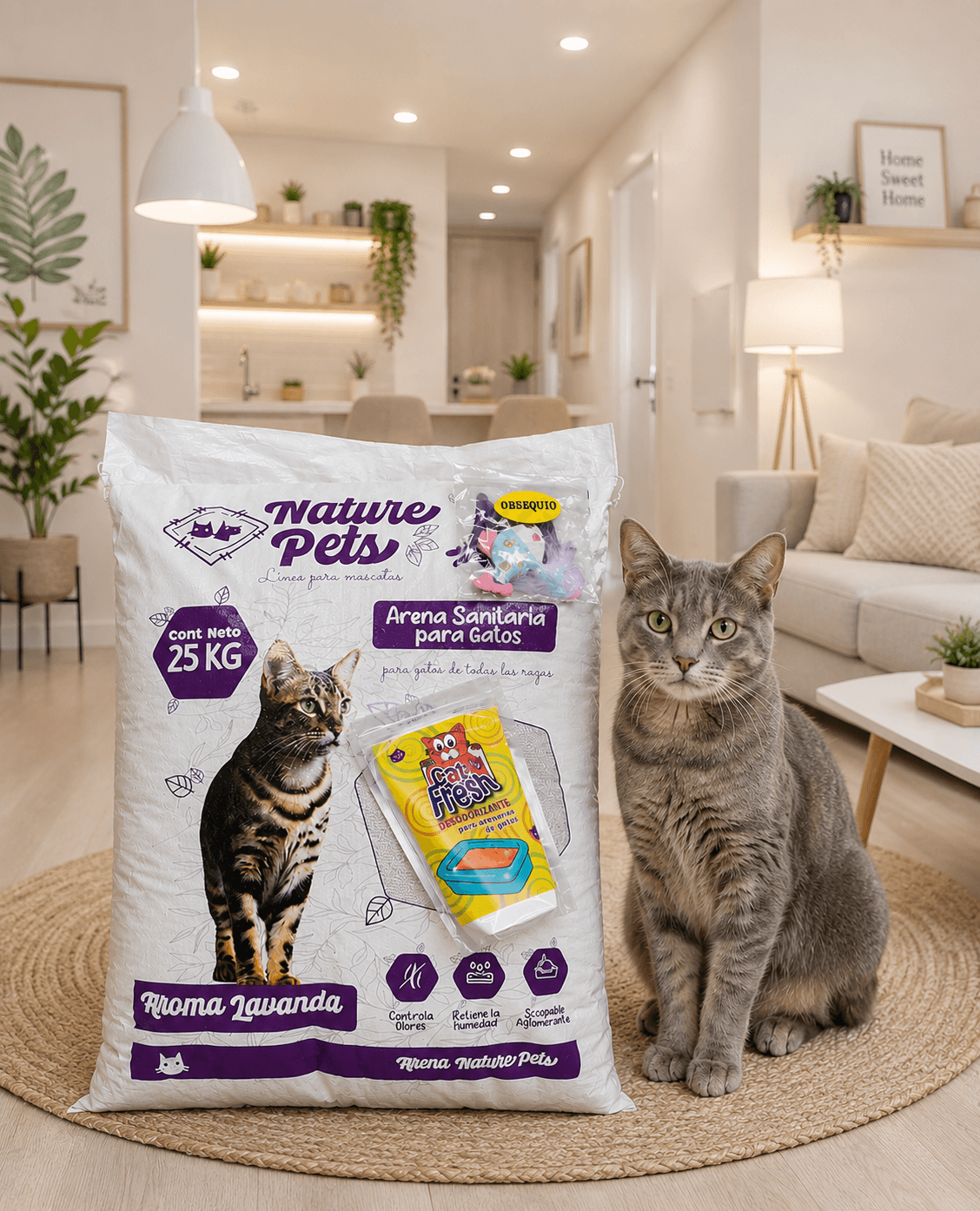 COMBO ARENA PARA GATO PREMIUM NATURE PETS x 25 KG + DESODORIZANTE