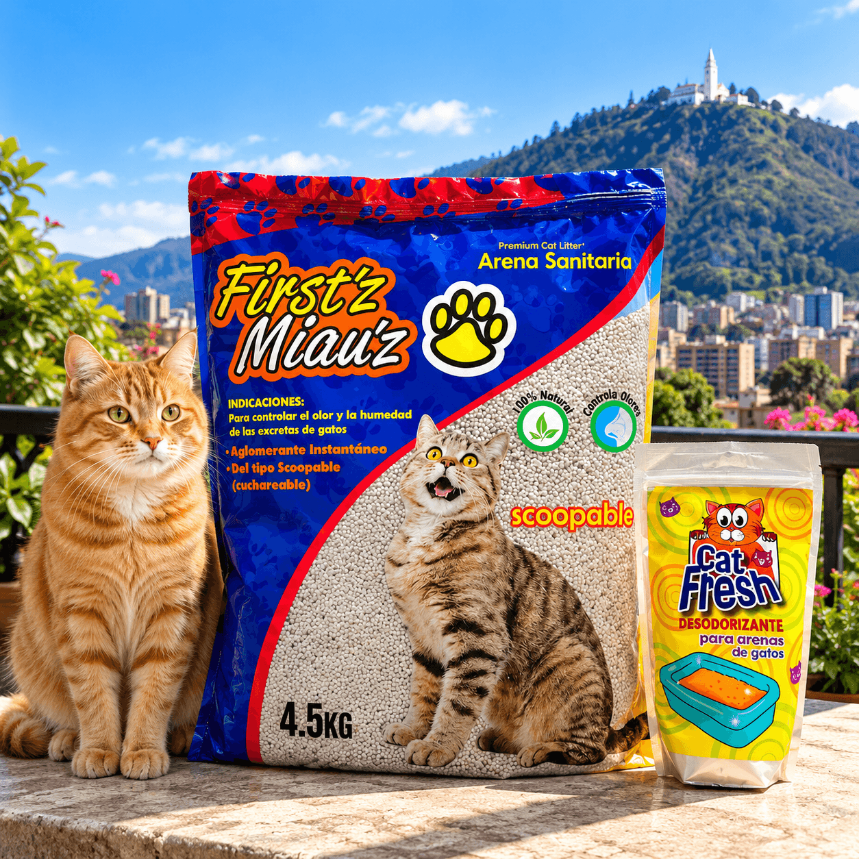 COMBO ARENA PARA GATO FIRST´Z MIAU´Z x 4.5 KG + DESODORIZANTE